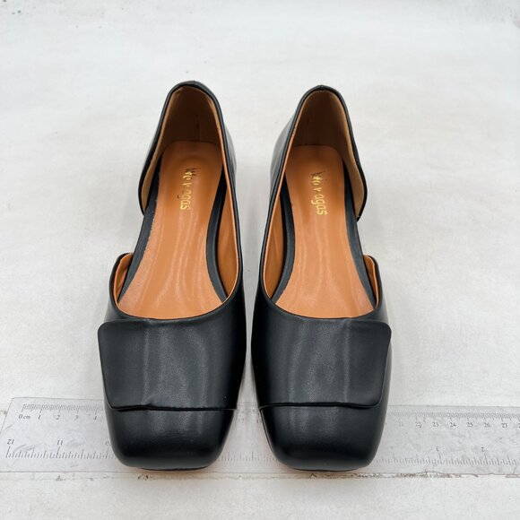 Womens Fashion Pumps Side Cut Ballet Flats Block Low Heels Square Toe Black Shoe - Picture 3 of 8